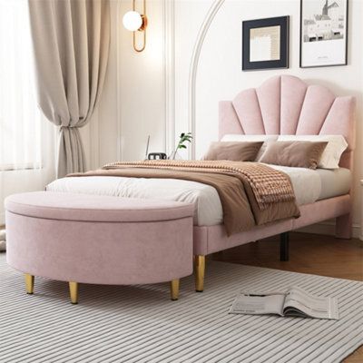 Abrihome Velvet Upholstered Single Bed-3Ft(90X190Cm), Shell-Like Bed With Golden Iron Legs, With Storage Space(90X40X42Cm), Pink - image 1