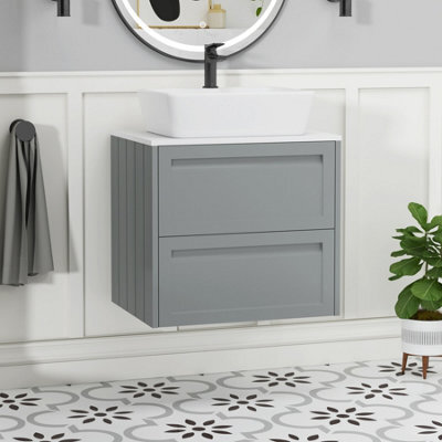 Royal Bathrooms Royal Bathroom Elmore 600mm Matt Pebble Grey Wall Mounted Bathroom Vanity Unit 2 Drawer Plain White Worktop With Cube Basin - image 1
