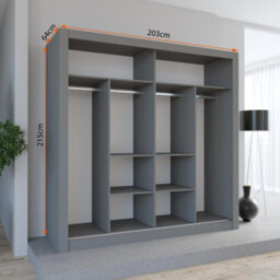 Fhi Wales 203Cm Grey Sliding Door Wardrobe Modern Bedroom Storage With Shelves And Hanging Rails - thumbnail 2