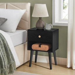 Songmics Bedside Tables, Set Of 2, Side Table With Storage Drawer And Open Shelf, End Table, Ebony Black - thumbnail 1