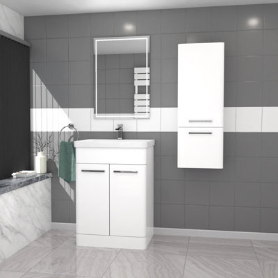 Nes Home 600mm Freestanding White Basin Vanity & 350mm Wall Hung Cabinet - image 1