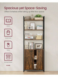 LEDREM Tall Bookshelf With Door, 6-Tier Bookcase, Metal Frame, Adjustable Shelves, 24 X 60 X 159.5 Cm, Living Room Bedroom - thumbnail 3
