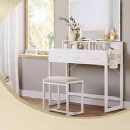 Ledrem Dressing Table With Tri-Fold Mirror And Stool, Makeup Desk With 3 Drawers, 90 X 40 X 141 Cm, White - thumbnail 8