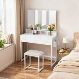 Ledrem Dressing Table With Tri-Fold Mirror And Stool, Makeup Desk With 3 Drawers, 90 X 40 X 141 Cm, White
