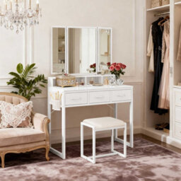 Ledrem Dressing Table With Tri-Fold Mirror And Stool, Makeup Desk With 3 Drawers, 90 X 40 X 141 Cm, White - thumbnail 5