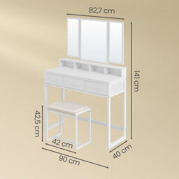 Ledrem Dressing Table With Tri-Fold Mirror And Stool, Makeup Desk With 3 Drawers, 90 X 40 X 141 Cm, White - thumbnail 4
