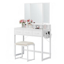 Ledrem Dressing Table With Tri-Fold Mirror And Stool, Makeup Desk With 3 Drawers, 90 X 40 X 141 Cm, White - thumbnail 3