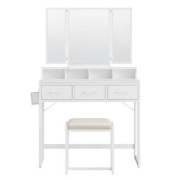 Ledrem Dressing Table With Tri-Fold Mirror And Stool, Makeup Desk With 3 Drawers, 90 X 40 X 141 Cm, White - thumbnail 2