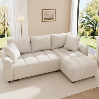 Btm Beige L Shaped Sofa, 3 Seater Chenille Corner Couch With Decorative Cushions For Flats - image 1