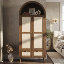 Matteo Arched Walnut & Rattan-Effect Double Wardrobe - 2 Doors, 2 Drawers, 180Cm Tall - thumbnail 3