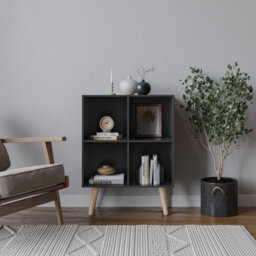 Urbn-Living Urbnliving 80Cm Height 4 Cube Black Wooden Bookcase With Pine Scandinavian Style Legs Shelves