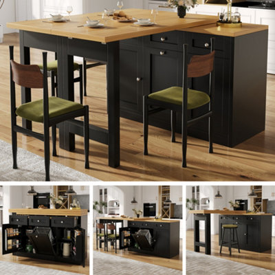 Btm Extendable Bar Table, Storage, Fold-Out Dining Table With Drawer & Snack Tray, Pull-Out Bin Holder, Black - image 1
