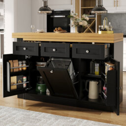 Btm Extendable Bar Table, Storage, Fold-Out Dining Table With Drawer & Snack Tray, Pull-Out Bin Holder, Black - thumbnail 3