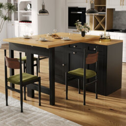 Btm Extendable Bar Table, Storage, Fold-Out Dining Table With Drawer & Snack Tray, Pull-Out Bin Holder, Black - thumbnail 2