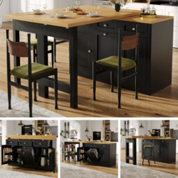 Btm Extendable Bar Table, Storage, Fold-Out Dining Table With Drawer & Snack Tray, Pull-Out Bin Holder, Black - thumbnail 1