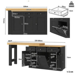 Btm Extendable Bar Table, Storage, Fold-Out Dining Table With Drawer & Snack Tray, Pull-Out Bin Holder, Black - thumbnail 6