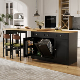 Btm Extendable Bar Table, Storage, Fold-Out Dining Table With Drawer & Snack Tray, Pull-Out Bin Holder, Black - thumbnail 5