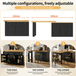 Btm Extendable Bar Table, Storage, Fold-Out Dining Table With Drawer & Snack Tray, Pull-Out Bin Holder, Black - thumbnail 9
