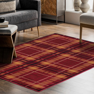 Tartan Red Chequered Tartan Easy To Clean Rug For Dining Room-80Cm X 300Cm (Runner) - image 1