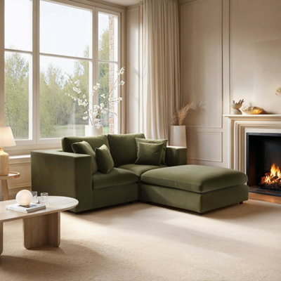 Solace+Co Asher 3 Seater Sofa With Reversible Footstool Khaki Green Velvet - image 1