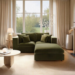 Solace+Co Asher 3 Seater Sofa With Reversible Footstool Khaki Green Velvet - thumbnail 2