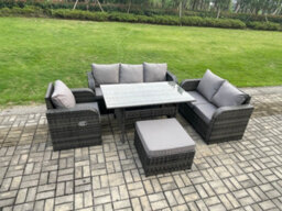 Fimous 7 Seater Garden Rattan Furniture Dining Table Sofa Set Indoor Outdoor With Reclining Chairs Big Footstool Dark Grey Mixed - thumbnail 2