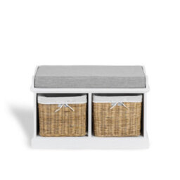 Statement Furniture Tetbury White Storage Bench With 2 Natural Wicke Baskets And Grey Cushion - thumbnail 4