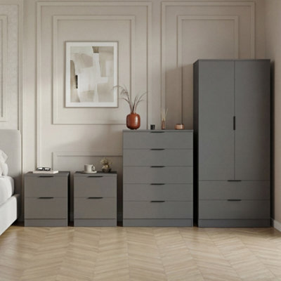 Lassic Vida Designs Trega 4 Piece Bedroom Set (2 Drawer Bedside Chest X2, 5 Drawer Chest, 2 Door 2 Drawer Wardrobe) Grey - image 1
