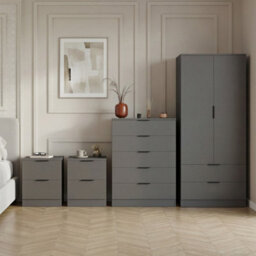 Lassic Vida Designs Trega 4 Piece Bedroom Set (2 Drawer Bedside Chest X2, 5 Drawer Chest, 2 Door 2 Drawer Wardrobe) Grey
