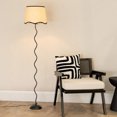Valuelights Wiggle Black Metal Single Stem Floor Lamp With Linen Scallop Black Trim Tapered Shade And Led Bulb - image 1