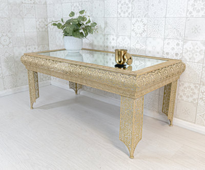 Downton Interiors Light Gold Embossed Metal Mirrored Glass Coffee Table - Agadir Range - image 1