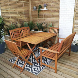 Lyte Outdoor 6 Person Folding Rectangular Wooden Garden Patio Dining Table Chairs And 2 Benches Set