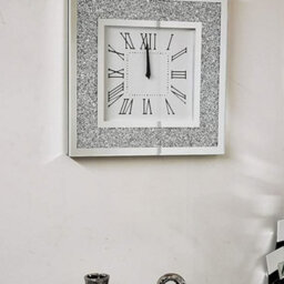 Biznest Wall Clock Large Square Luxury Diamond Crystal Mirror Wall Nearly Silent Clock For Home-40X40Cm Silver