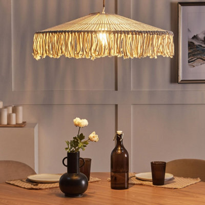 Beliani Handcrafted Boho Tassel Pendant Lamp, Hand-Woven Paper Rope Ceiling Light, Beige, 60 X 60 X 15 Cm - image 1