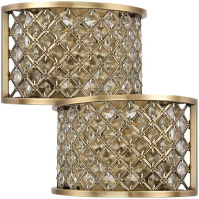 2 Pack Crystal Cage Wall Light Brass & Glass Shade Modern Twin Bulb Lounge Lamp - image 1