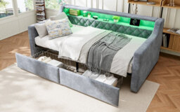 Btm 3Ft Single Velvet Upholstered Daybed Sofa Bed 90X190Cm With Light Strip Charging Port 2 Drawers Grey - thumbnail 8