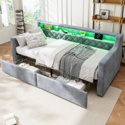 Btm 3Ft Single Velvet Upholstered Daybed Sofa Bed 90X190Cm With Light Strip Charging Port 2 Drawers Grey