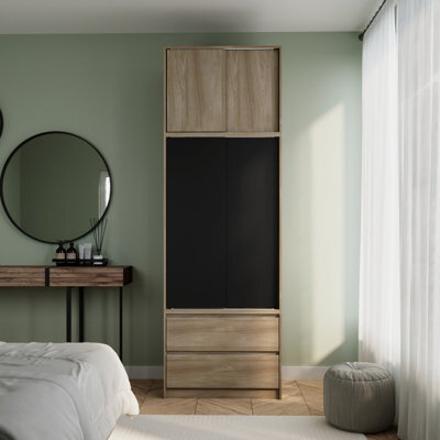 Urbn-Living Urbnliving 240Cm Height Oak Carcass With 2 Sliding Black Doors Wardrobe Bedroom Storage Closet Hanging Rail Cupboard Unit - image 1