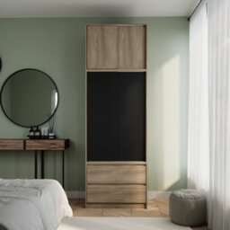 Urbn-Living Urbnliving 240Cm Height Oak Carcass With 2 Sliding Black Doors Wardrobe Bedroom Storage Closet Hanging Rail Cupboard Unit - thumbnail 1