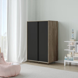 Urbn-Living Urbnliving 240Cm Height Oak Carcass With 2 Sliding Black Doors Wardrobe Bedroom Storage Closet Hanging Rail Cupboard Unit - thumbnail 3