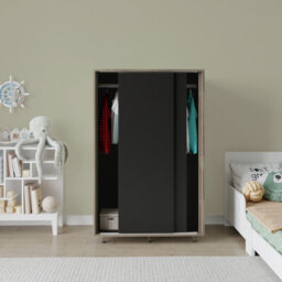 Urbn-Living Urbnliving 240Cm Height Oak Carcass With 2 Sliding Black Doors Wardrobe Bedroom Storage Closet Hanging Rail Cupboard Unit - thumbnail 4