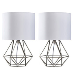 Valuelights Pair Of Angus Modern Geometric Chrome Cage Beside Table Lamps With White Fabric Shades
