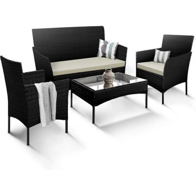 4 Seater Rattan Garden Furniture Set Sofa Table Chairs Wicker Outdoor Patio Set Black + Beige Cushions - image 1