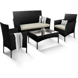 4 Seater Rattan Garden Furniture Set Sofa Table Chairs Wicker Outdoor Patio Set Black + Beige Cushions - thumbnail 1