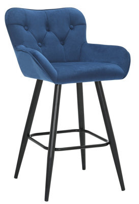 Lamboro Varenna Bar Stool, Velvet Kitchen Breakfast Bar Chair, Button-Tufted Backrest, Armrests, Padded Seat & Black Legs, Blue - image 1