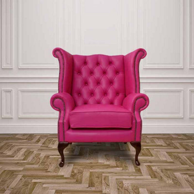 Chesterfield High Back Wing Chair Vele Fuchsia Pink Leather Bespoke In Queen Anne Style - image 1