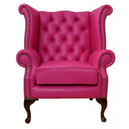 Chesterfield High Back Wing Chair Vele Fuchsia Pink Leather Bespoke In Queen Anne Style - thumbnail 2
