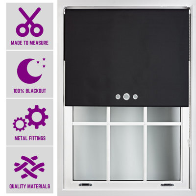 FURNISHED Black Roller Blind With Triple Round Eyelet Design And Metal Fittings - Made To Measure Blackout Blinds, (W)240Cm X (L)210Cm