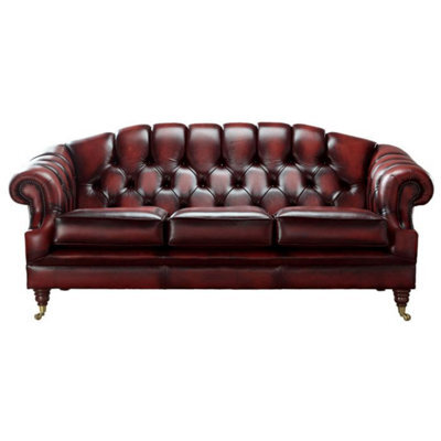 Chesterfield 3 Seater Sofa Settee Antique Oxblood Red Real Leather In Victoria Style - image 1