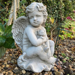 Stone Cast Cherub Ornament With Teddy On Hand - thumbnail 1